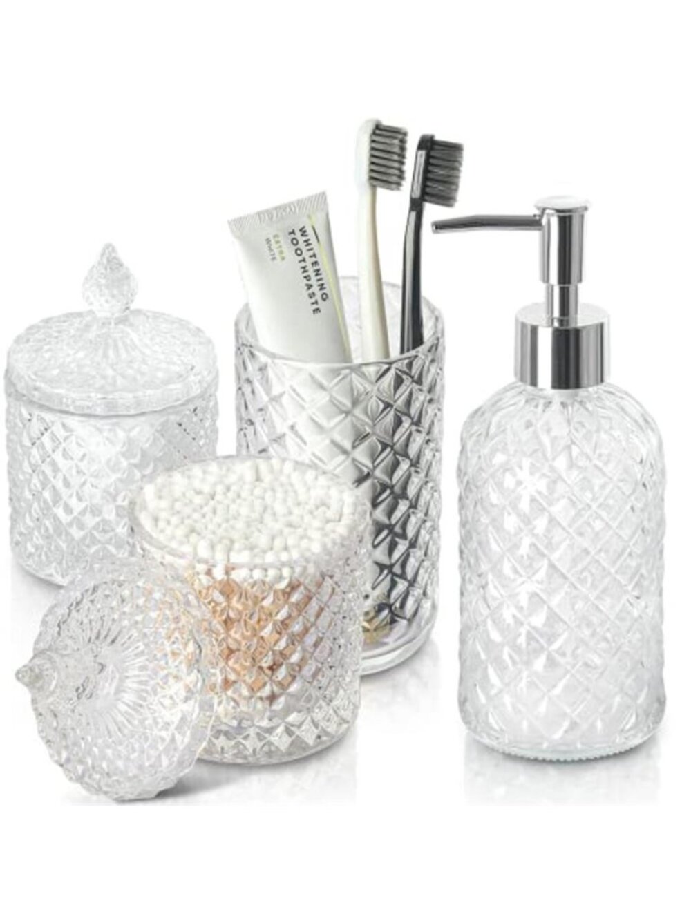 Diamond Glass Bathroom Accessories Set Soap Dispenser Toothbrush Holder Storage